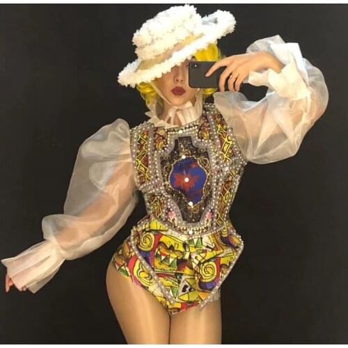 Sexy Gold Flower Lace Tops Shorts Bodysuit Transparent Net Yarn Costume Birthday Outfits For Women Rave Show Stage Wear DN3210