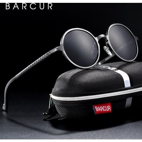 BARCUR Round Sun glasses Men Female Aluminum magnesium Sunglasses Men Sunglasses Polarizes oculos de sol