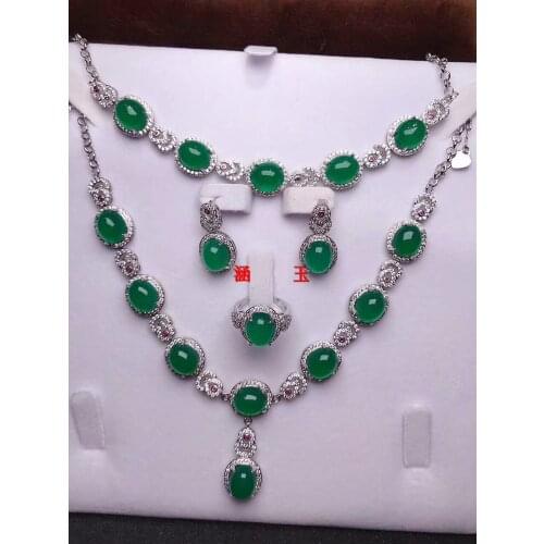 Hot sellFine Jewelry 925 Silver Mosaic Natural Ice Of Green Chalcedony Necklace Hand Catenary Ring Stud Arrings Sets