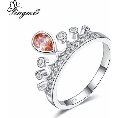 Lingmei Fashion Princess CrownJewelry Pear Cut Yellow & White Cubic Zircon Silver ColorRing Size 6 7 8 9 Anniversary Gifts