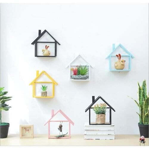 Mix Color House Shape Metal Wall Rack Iron Flower Vase Holder Multi-use Wooden Wall Sundries Holder Wall Shelf Storage Rack
