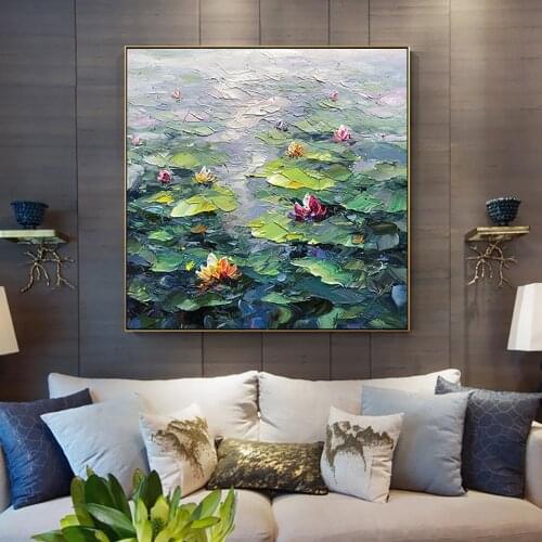 Handmade Wall Art Home Decor Picture Lotus Oil Painting Abstract Tick Oil On Canvas Flower Murale Modern Decoration Painting
