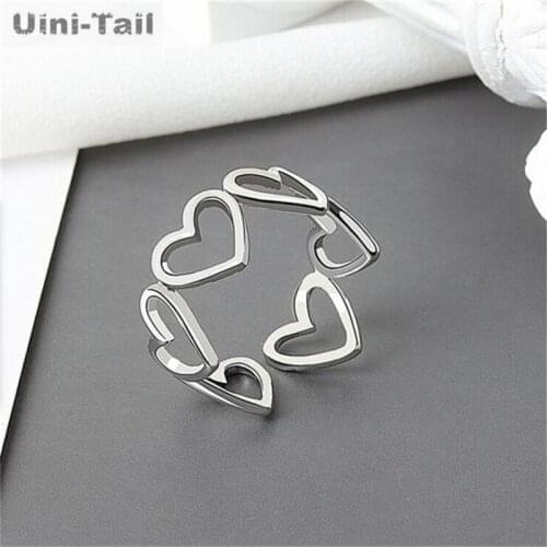 UiniTail new hot-selling 925 sterling silver Korean hollow heart-shaped opening ring simple trendy flowing sense of girl jewelry