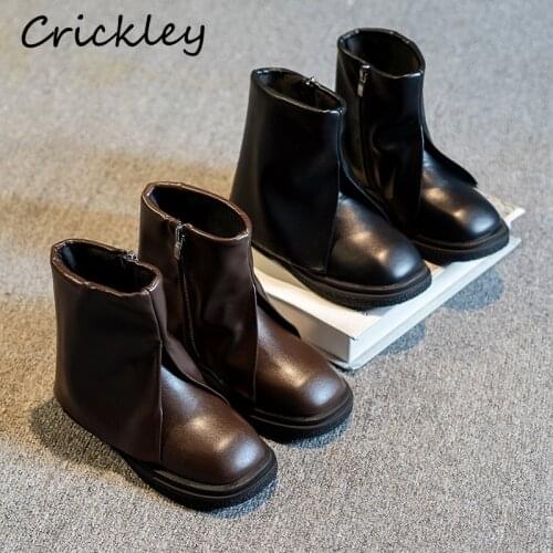 New Solid Childrens Boots Spring PU Leather Zip Anti Slip Ankle Chelsea Shoes For Girls Turned over Edge Kids Fashion Boots