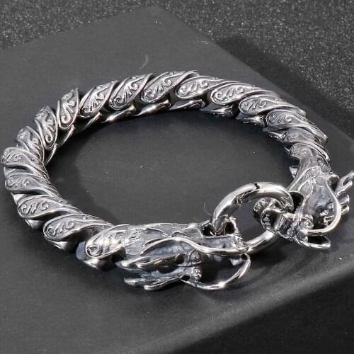 Cool Vintage Double Dragon Head Link Chain Bracelet For Men Solid Stainless Steel Friendship Mens Bracelets Old Metal Finishing