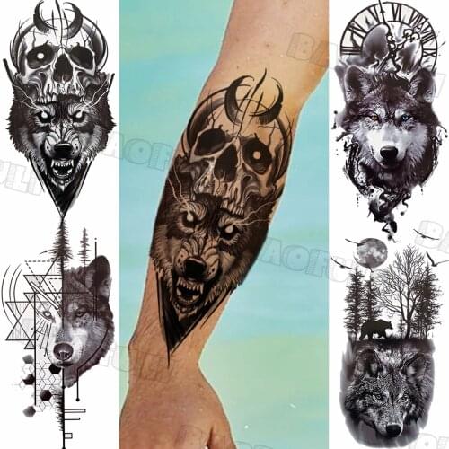 Realistic Geometric Wolf Skull Temporary Tattoos For Women Adult Compass Woods Realistic Fake Tattoo Body Art Half Sleeve Tatoos