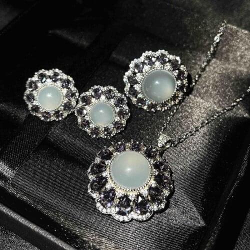 Luxury 3Pcs Set Jewelry Inlay Round Opal Exquisite Flower Earrings Necklace Eternity Ring For Women Wedding Anniversary Gifts