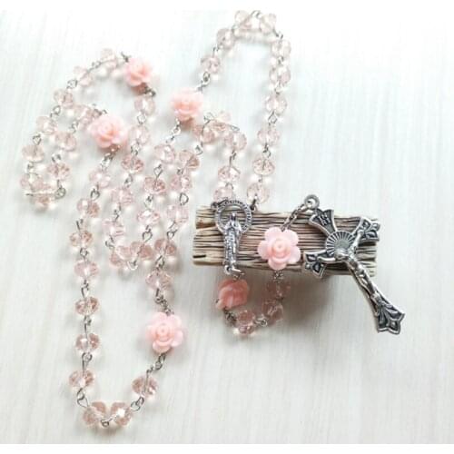 Rose Crystal Rosary Necklace Catholic Vintage Cross Pendant Long Chain Necklace Religious Jewelry Gift