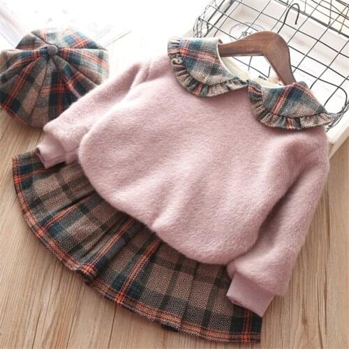 Baby set baby girl autumn and winter wool sweater skirt suit girls plush thick plaid pleated skirt beret fashion warm suit