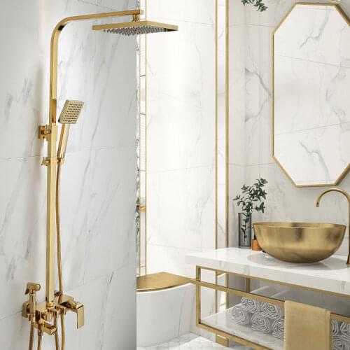 Bath and Shower Mixers 8" Rainfall Shower Faucet Set Wall Mounted with Hand Shower Brass Shinning Gold Bathroom Rain Shower Tap