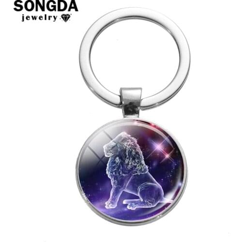 SONGDA Hot Star Zodiac Sign 12 Constellations Keychain Glass Cabochon Silver Plated Key Chain Birthday Gift Horoscope Astrology