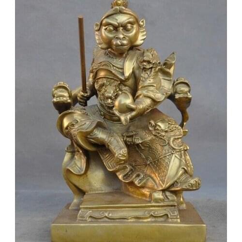 Old Chinese brass Sun WuKong Monkey King Golden Cudgel Hold Peach Buddha Statue