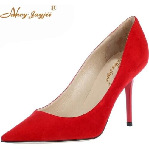 Classic Red Soft Suede Pointed Toe Mid Thin Heels Sexy Slip-On Spring/Autumn Pumps Women Shoes Big Size 4-16 Dress Nancyjayjii