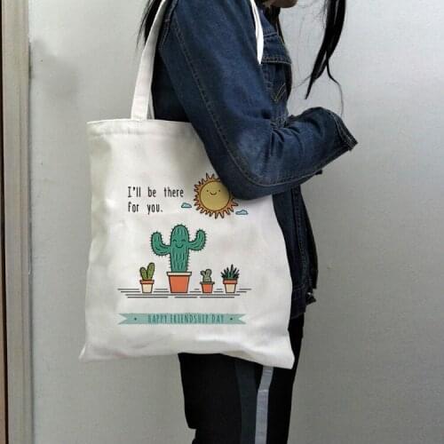 Female Eco Cloth Handbag Tote Grocery Reusable Foldable Shopping Bag I Will Be There for You Cute Cactus Canvas Shoulder Bags