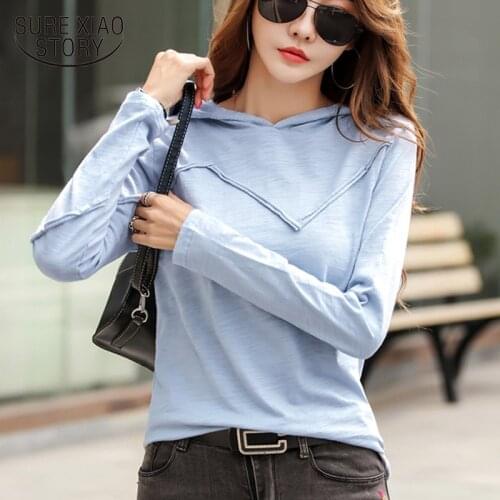 Women Hooded T-shirt Autumn 2021 New Fashion Casual Cotton Loose Bottom Shirts Korean Female New Long Sleeve Tshirt Tops 6902 50