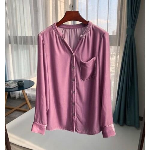 Women Shirt Early Autumn New Pink Purple Silk Beautiful Tone Lazy Exquisite Velvet V-neck Shirt
