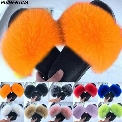 Puimentua Women Furry SlippersWinter Warm Slippers Women Ladies Shoes Cute Plush Fox Hair Fluffy Sandals Womens Fur Slippers