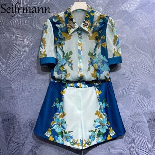 Seifrmann New 2021 Summer Women Fashion Runway Shorts Set Lantern Sleeve Ruffles Loose Blouses + High Waist Printed Shorts Suits