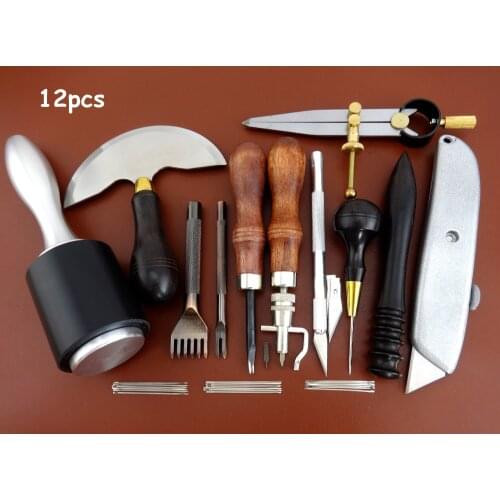 12pcs Leather Craft Edger Beveler Skiver Slicker Burnisher Groover Awl Chisel Tool Set - Sewing Stitching Carving Stamping Knife