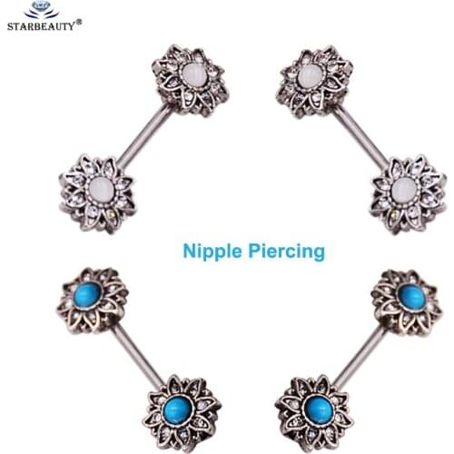 2 pcs/lot Vintage Sunflower Nipple Ring 14G Cute Nipple Piercing Fake Opal Nipple Rings Body Jewelry White Blue Pircing Women