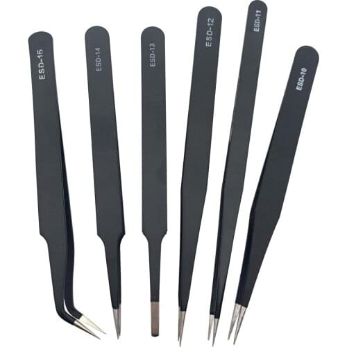 6Pcs Tweezers ESD 10-15 High-elastic Anti-static Stainless Steel Soldering Tweezers Hand Tool Set for Soldering Station Tool Kit