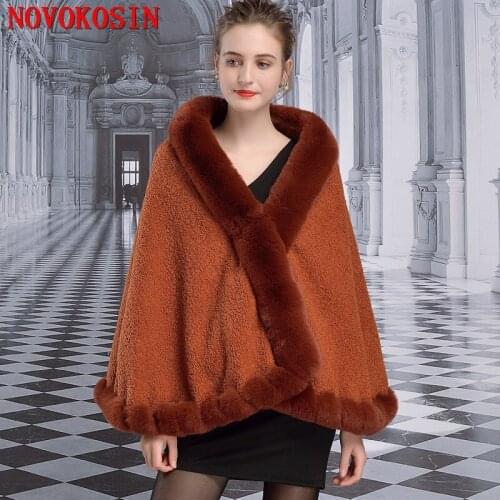 8 Color 2021 Granular Velvet Short Cloak Out Street Wear Black Grey Off Shoulder Cloak Big Faux Rabbit Fur Collar Plus Size Coat