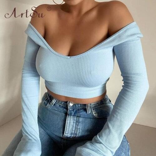 ArtSu Off Shoulder Solid Slim Female Crop Tops Long Sleeve Autumn 2020 Rib Knit Sexy T-Shirts Women V-Neck Casual Top Tee Shirt