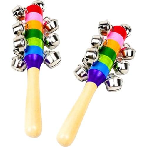 Baby Wooden Rattle Toy Rainbow Color Hand Bell Baby Rattles Jingle Bells Infant Shaker Rattle Educational Toys For Children Gift