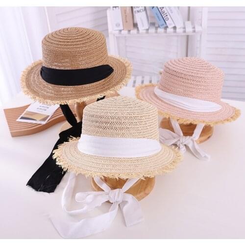 Pudcoco Toddler Kid Girls Straw Boater Hat, Wide Brim UV Protection Flat Top Sun Hat with Bowknot 1-4Years
