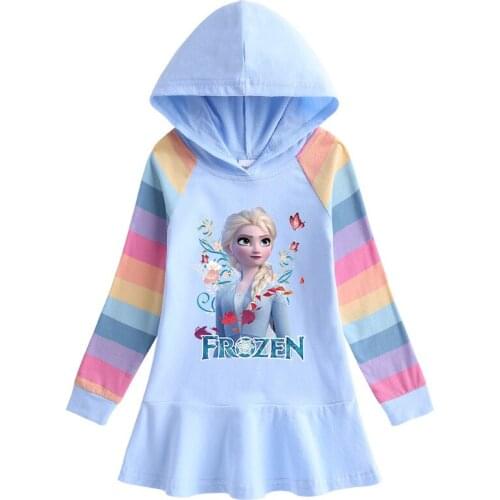 Disney Cartoon Frozen Elsa Print Girl Kid Cotton Hoodie Dress with Pleated Long Sleeve Baby Child Sweatshirt Clothes
