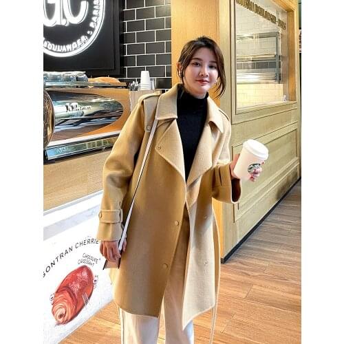 Double sided tweed coat womens middle and long autumn and winter 2021 new loose small high-end cashmere tweed coat