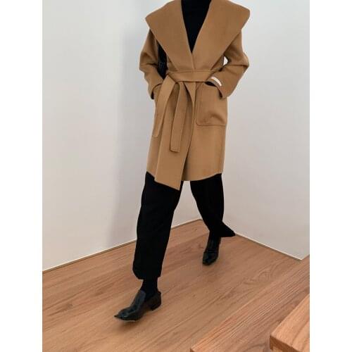 Large lapel Korean style hooded water ripple double-sided cashmere coat womens thin woolen cloth 21 new