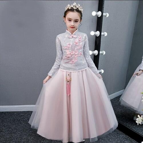 Flower Girl Princess Party Performing Lace Embroidery Cheongsam for Birthday Ball Girls First Sequin Eucharist Party Dresses