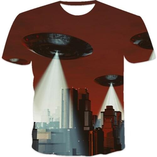 Summer new mens T-shirt loose clothes retro short-sleeved fashion starry sky UFO alien pattern printing