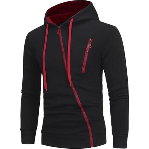 Autumn Men Hoodie Contrast Colors Cardigan Slim Oblique Zipper Fly Winter Coat for Work Hooded sweatshirts Men Clothing