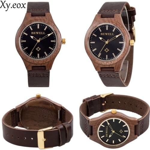 BEWELL Retro Men Women Wooden Watch Genuine Leather Quartz Wood Wristwatch