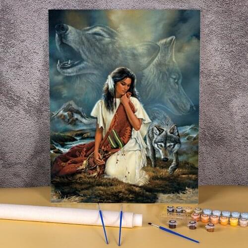 Indian Wolf Animal Painting By Numbers Complete Kit Oil Paints 50*70 Paiting By Numbers Decorative Paintings Wholesale