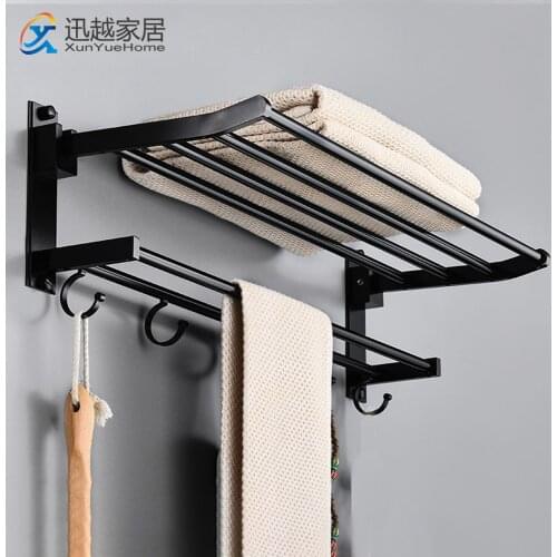 Towel Holder Wall Mounted Black Aluminum Surface Shower Bars Hanger Adjustable Fold Clothes Rack with Hooks Bathroom Accessories