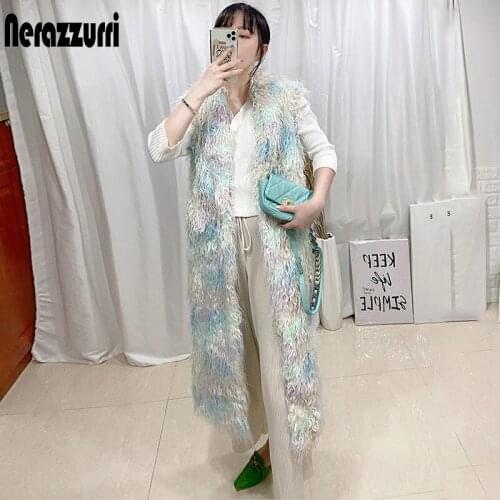 Nerazzurri Autumn Long Multicolored Shaggy Fuzzy Hairy Soft Fluffy Faux Fur Vest Women Sleeveless Jacket 2021 Korean Fashion