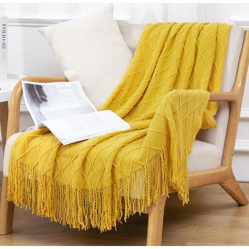 Solid Knitted Throw Blanket Grey Yellow Black Pink Sofa Throw Blanket Tassels Air Condition Blanket Travel Acrylic 130x230cm