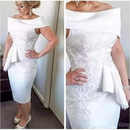 Wholesale White Knee Length Mother of the Bride Dresses Short Off Shoulder Sheath Embroidery Wedding Guest Gowns 2021 Latest