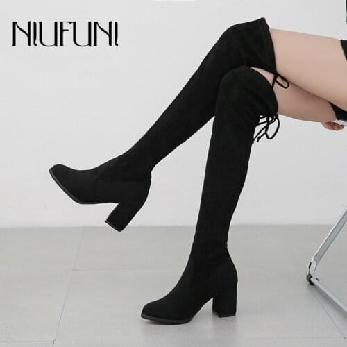 Autumn Winter Warm Over The Knee Boots Suede Short Plush Womens Boots Long Tube Lace Up Elastic Fabric Solid Color Women Shoes