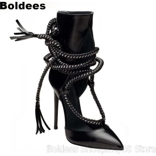 Sexy Black Sheep Skin Leather Corssed Chains High Heel Pointy Toe Stiletto Dress Shoes Women High Heel Pumps OL Lady Sexy Heels