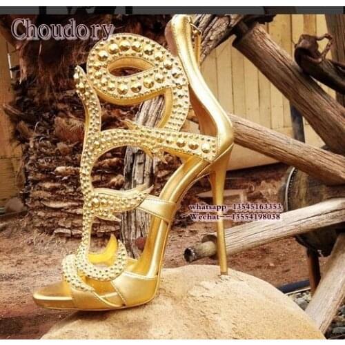 Luxury Brand New Fashion Womens Peep Toe Sandals Rhinestone Cut-outs Gold Back zipper Gladiator Sandals High Heels Sexy Pumps