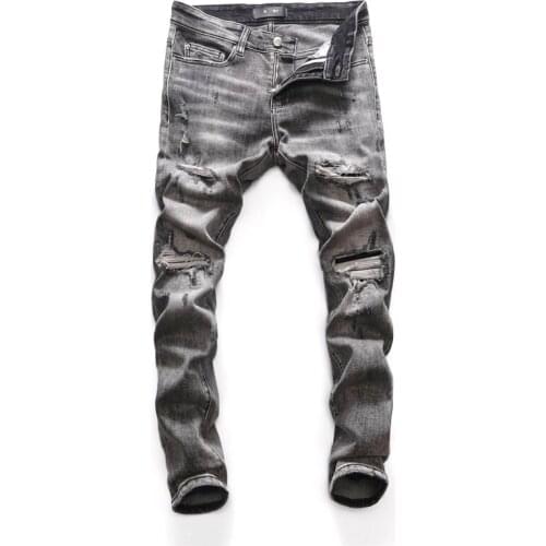 Luxury Ripped Hole Grey Denim Jeans Men Slim Straight Casual Vintrage Pantalon Moto Homme Solid Streetwear Spring Mens Denim