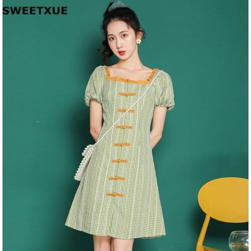 SWEETXUE Modern Womens Retro Plaid Bubble Sleeves Contrast Color Improved New Girl Cheongsam Plaid Dresses Super Fairy