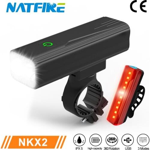 NATFIRE NKX2 Bicycle Light 3 in 1 LED Headlight Flashlight USB Rechargeable with Rear Light Taillight 6-12 Hours Runtime Lantern