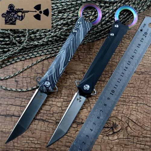 Jungle Edge Tactical Hunting Knife Folded Tanto D2 Blade G10 Handle Flipper Fast Open Outdoor EDC Tools JR3312 with Nylon Sheath