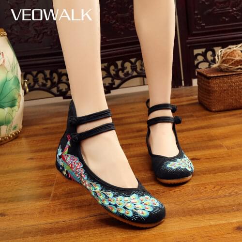 Veowalk Spring Handmade Woman Ballet Flats Sequined Peacock Embroidery Old Peking Casual Cloth Dancing Shoes
