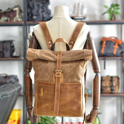 Vintage Backpack for Motorcycle Rider Oil Wax Canvas Bag Bike Backpack Waterproof Roll Top Motor Tirp Luggage Rucksack